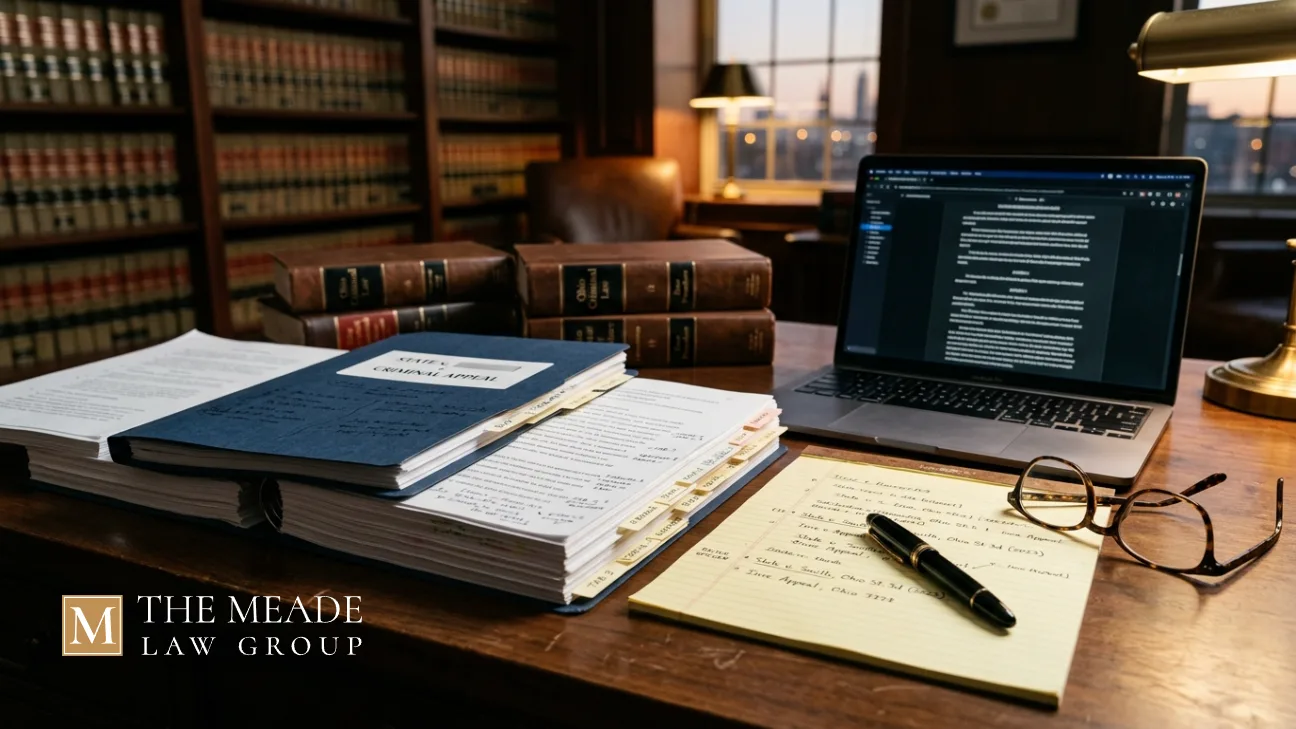 Attorney desk with criminal appeal case file, legal documents, law books, laptop, and notes in an Ohio law office