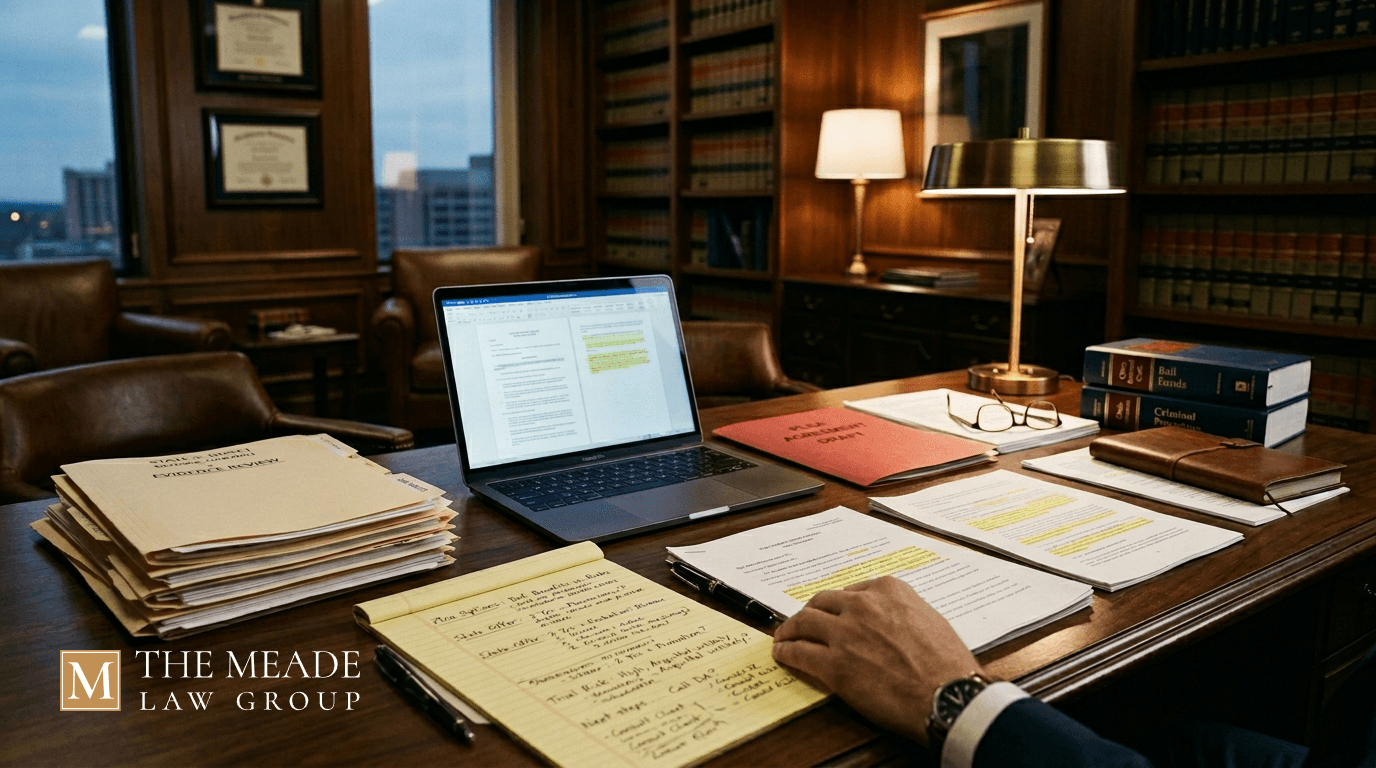 Attorney reviewing plea bargain case documents in an Ohio criminal defense law office with legal files, laptop, notes, and law books