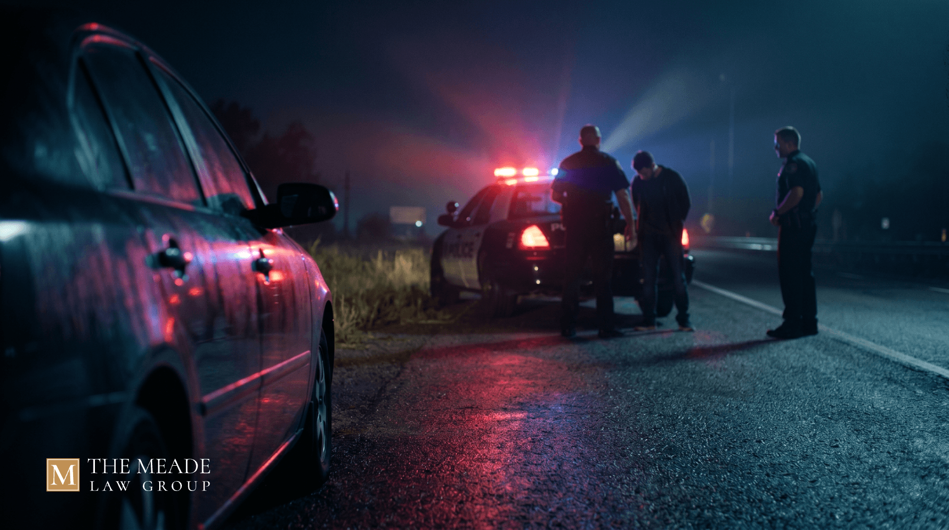 Nighttime police stop scene showing officers detaining a person, representing resisting arrest and legal defense issues.