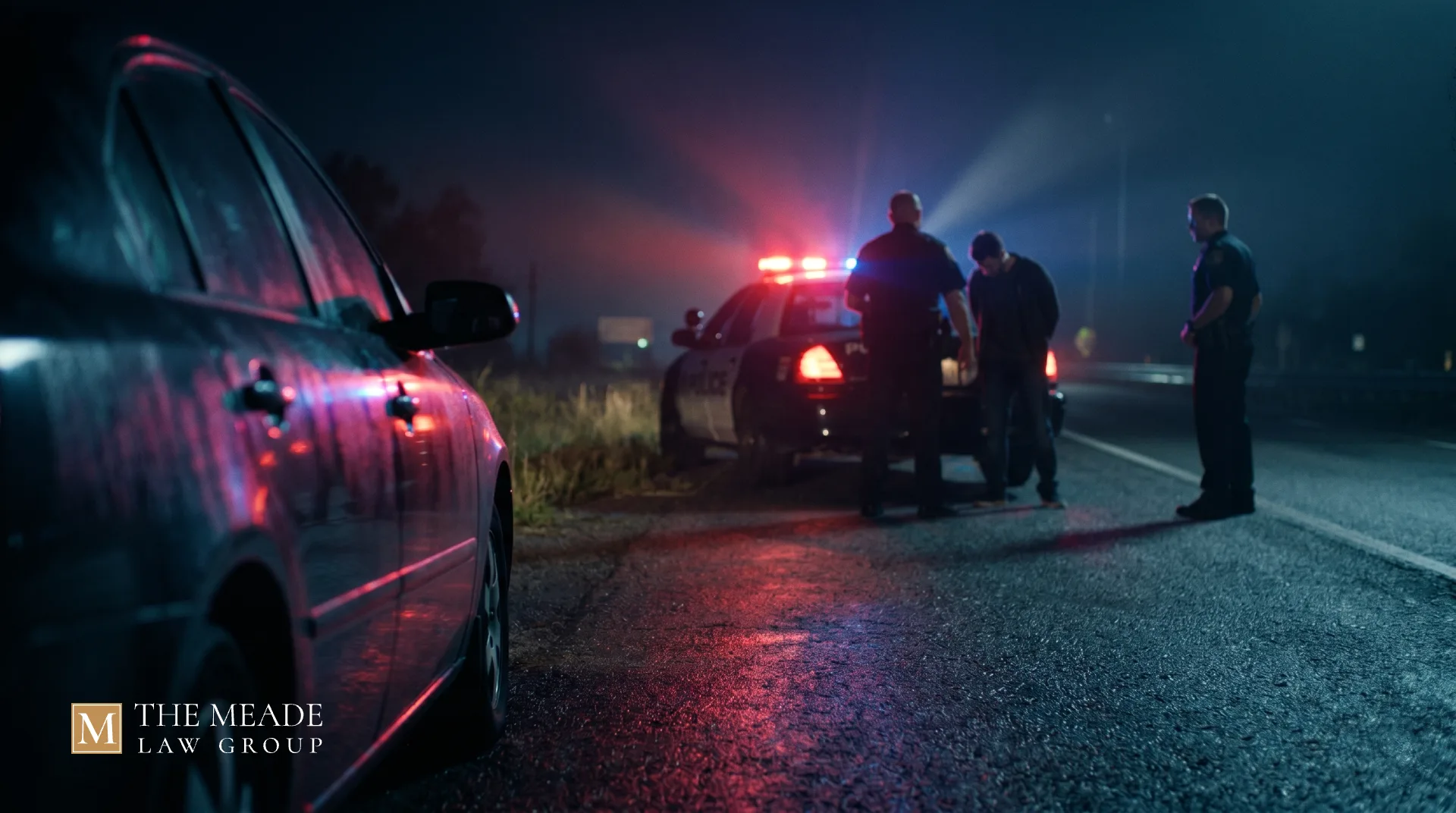 Nighttime police stop scene showing officers detaining a person, representing resisting arrest and legal defense issues.