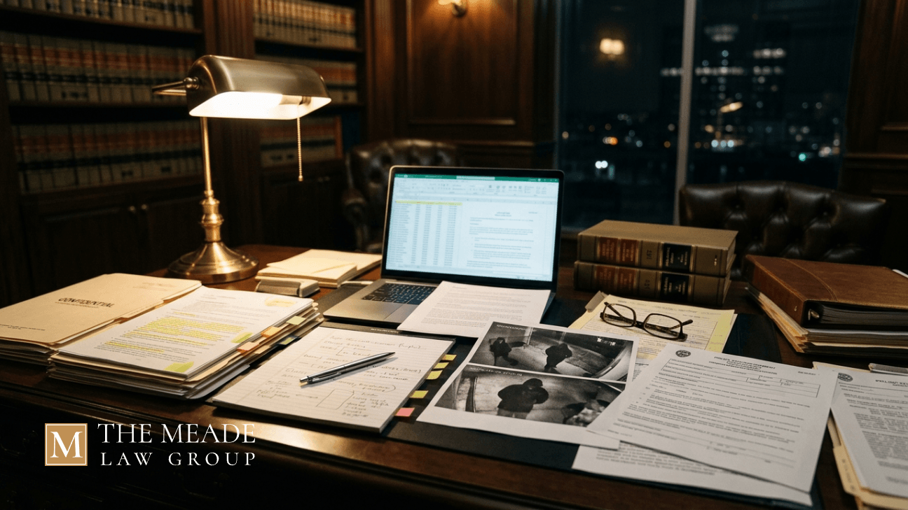 Attorney desk with robbery case documents, surveillance photos, legal files, and law books in an Ohio criminal defense office
