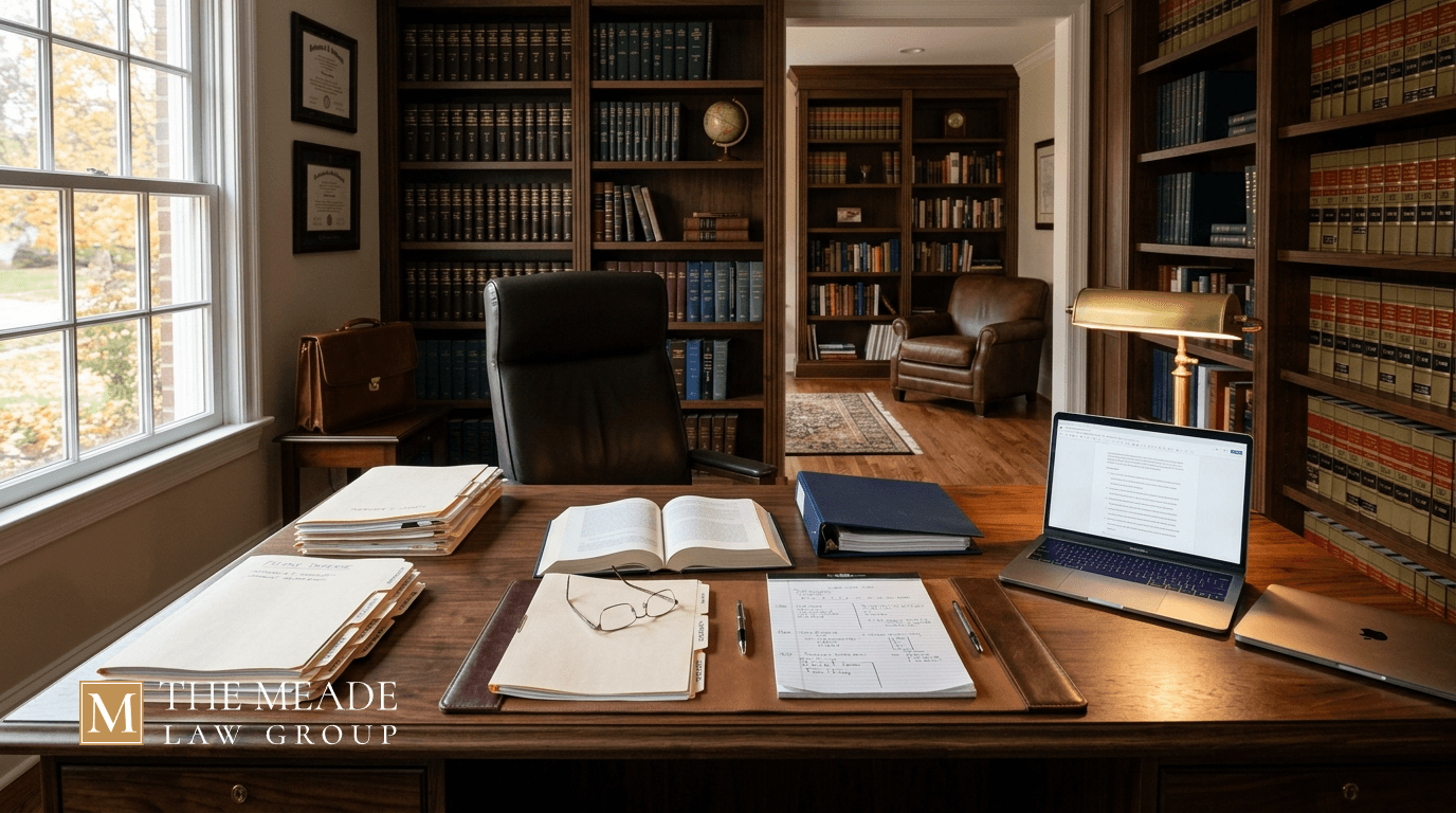 Attorney office desk with legal case files, law books, laptop, and defense notes prepared for a sexual assault charges case in Ohio