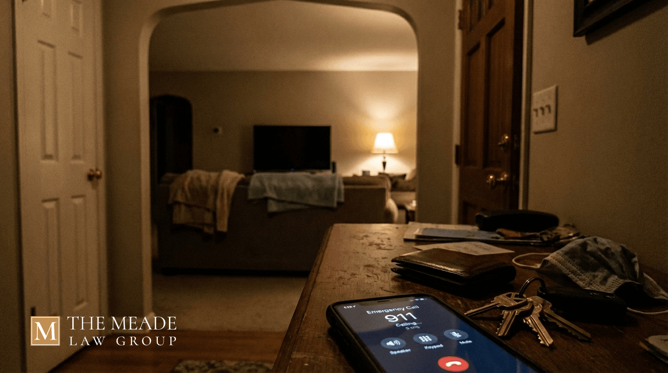 Smartphone showing a 911 call beside house keys in a dimly lit home, reflecting the urgency of a possible self-defense incident in Ohio.