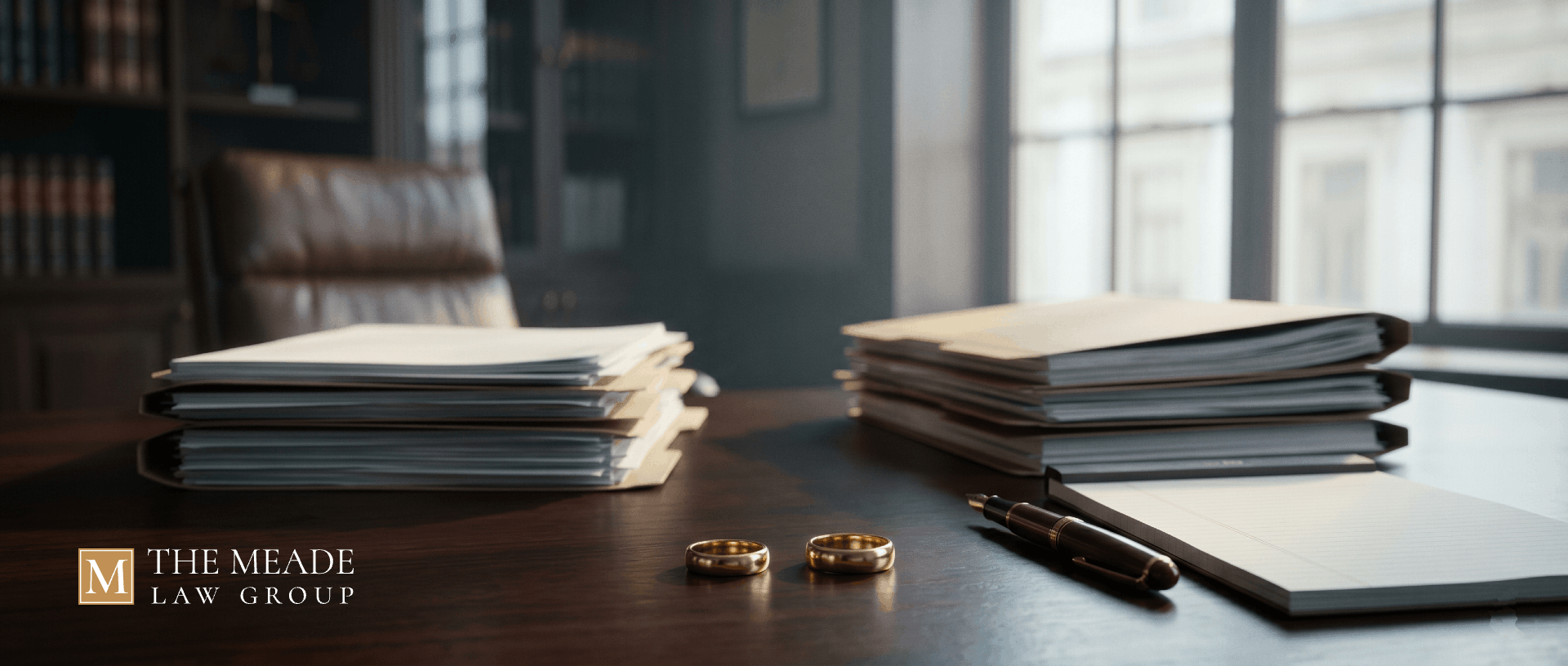 Wedding rings placed apart beside legal documents on an attorney’s desk, representing legal separation and divorce decisions in Ohio.