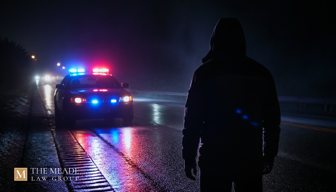 Police car with flashing lights during a nighttime traffic stop in Ohio, representing a field sobriety test and OVI investigation.