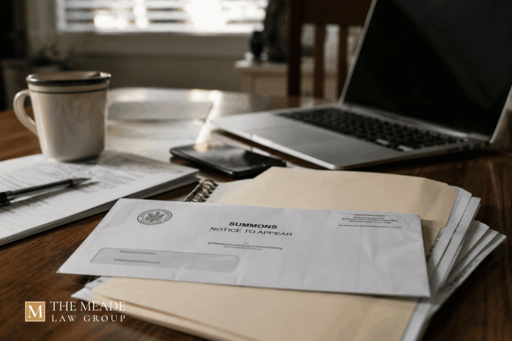 Court summons and financial documents on a kitchen table related to identity fraud charges, felony penalties, and criminal defense in Ohio.