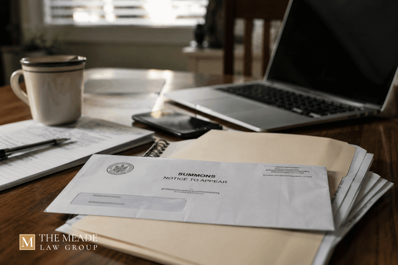 Court summons and financial documents on a kitchen table related to identity fraud charges, felony penalties, and criminal defense in Ohio.