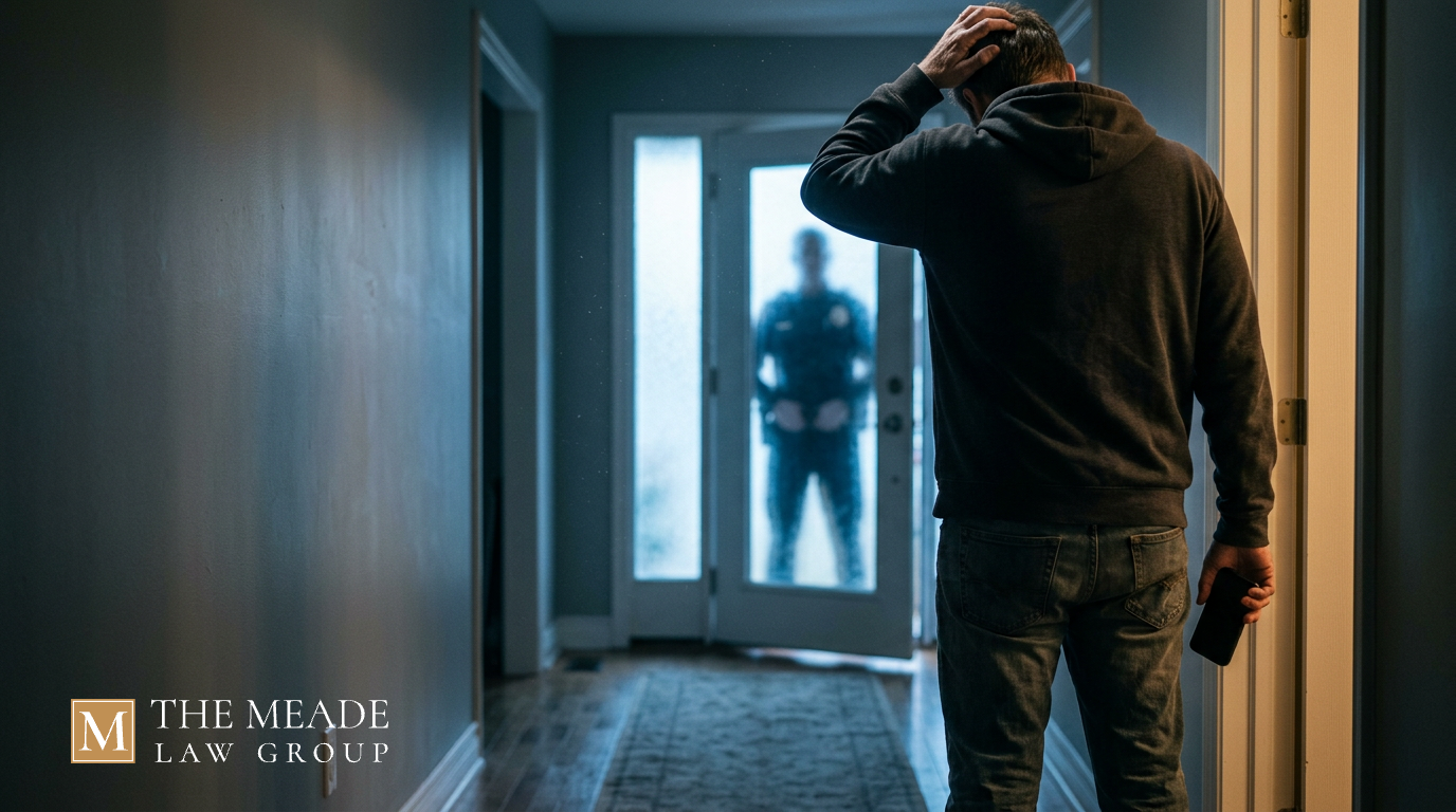 Man standing anxiously in his hallway holding a phone as a police officer's silhouette appears at his front door, illustrating a menacing accusation in Ohio.