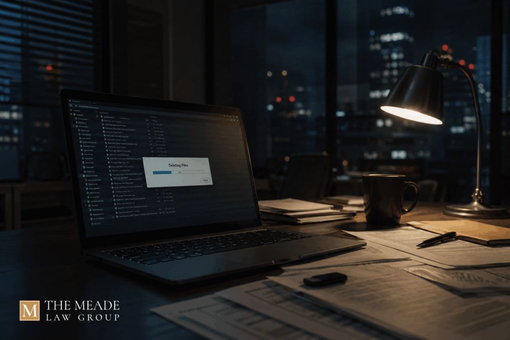 Obstruction of Justice investigation involving deleted electronic evidence, legal documents, and a laptop in an office environment.