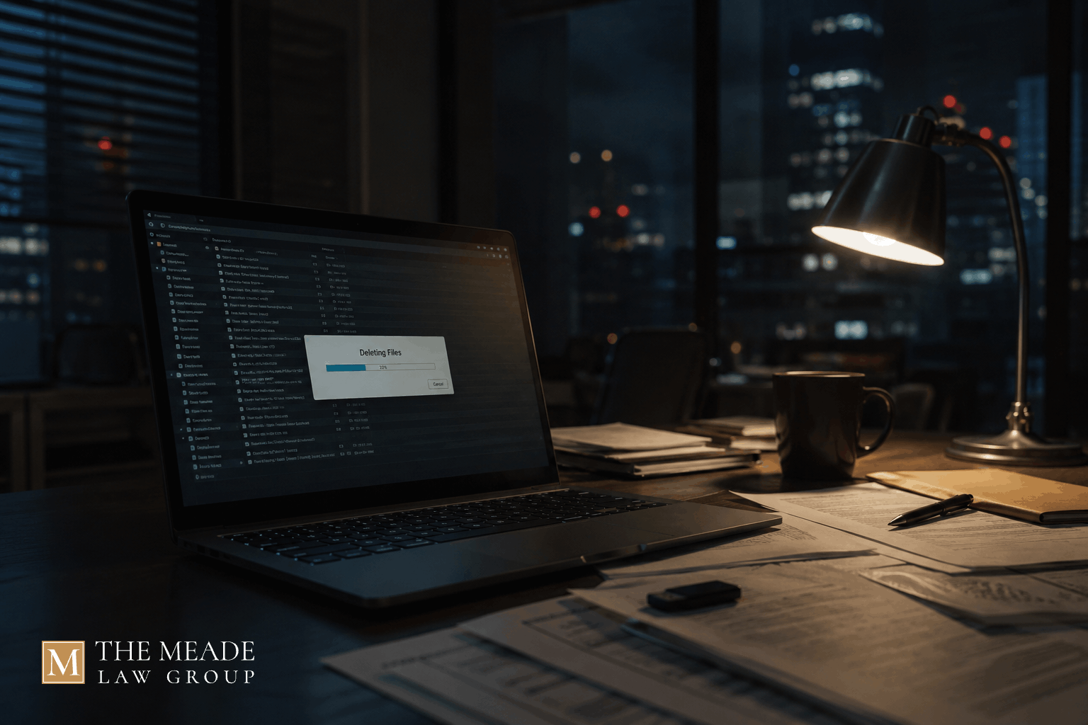 Obstruction of Justice investigation involving deleted electronic evidence, legal documents, and a laptop in an office environment.