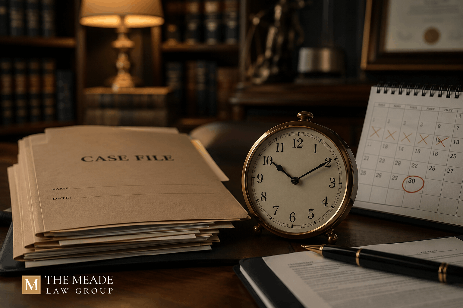 Case file, calendar, and clock illustrating Ohio statute of limitations deadlines for criminal charges and civil claims.