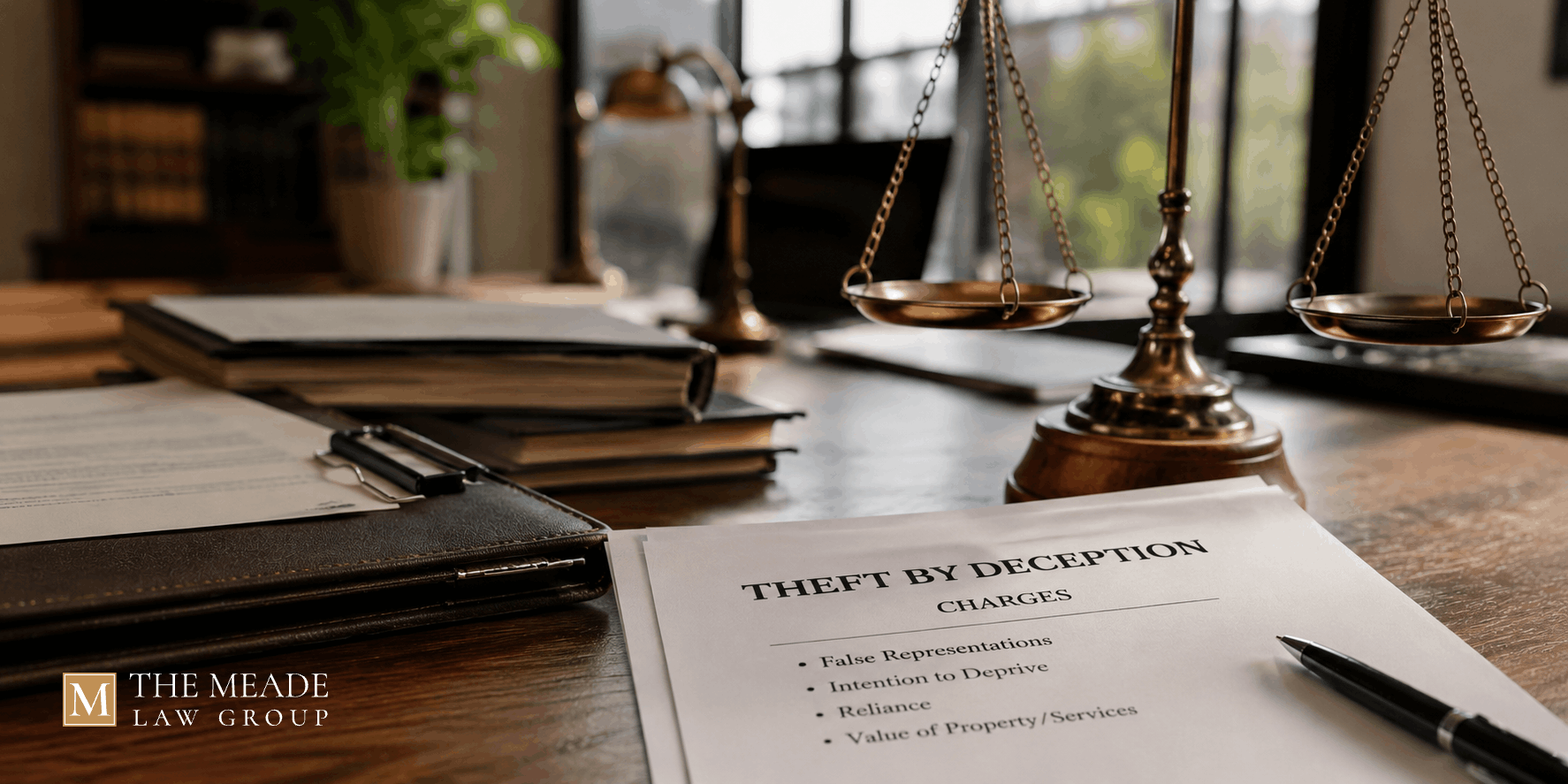 Attorney's desk with legal documents related to theft by deception, scales of justice, and case files in a professional law office, photographed with shallow depth of field and natural light.