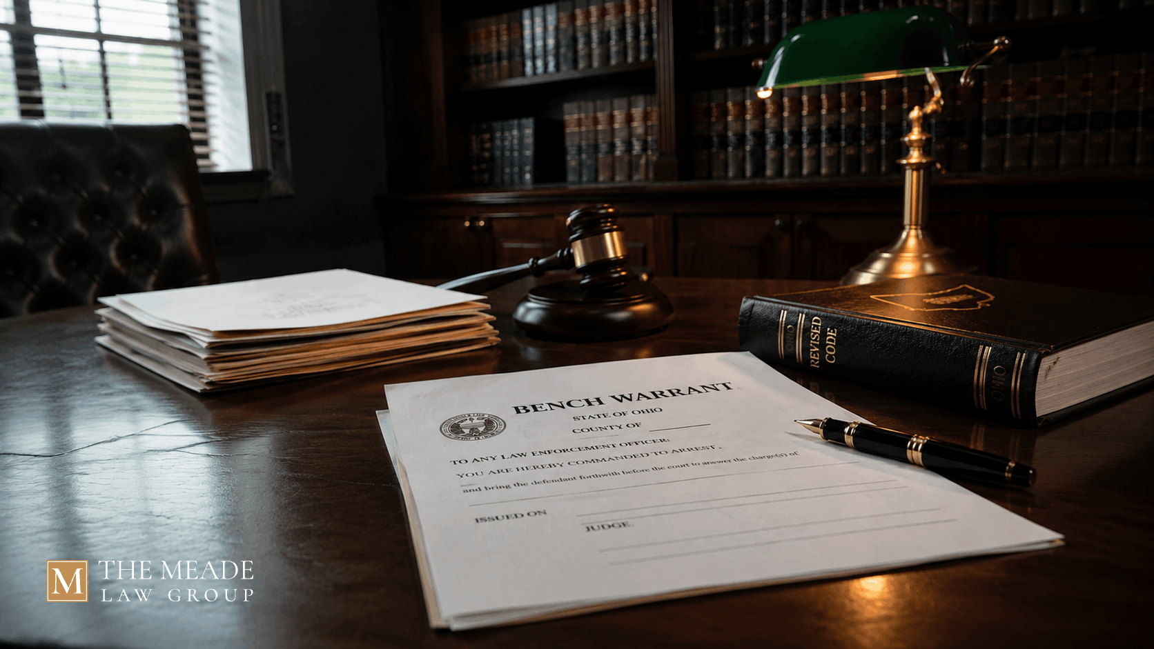 Bench Warrants in Ohio document on attorney office desk with gavel, legal files, and Ohio law book.