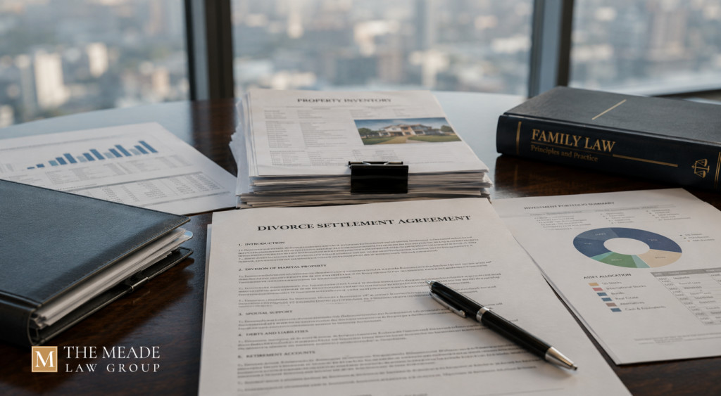 High-asset divorce settlement documents, financial portfolio reports, and family law records arranged on a conference table in a modern executive office overlooking a city skyline.