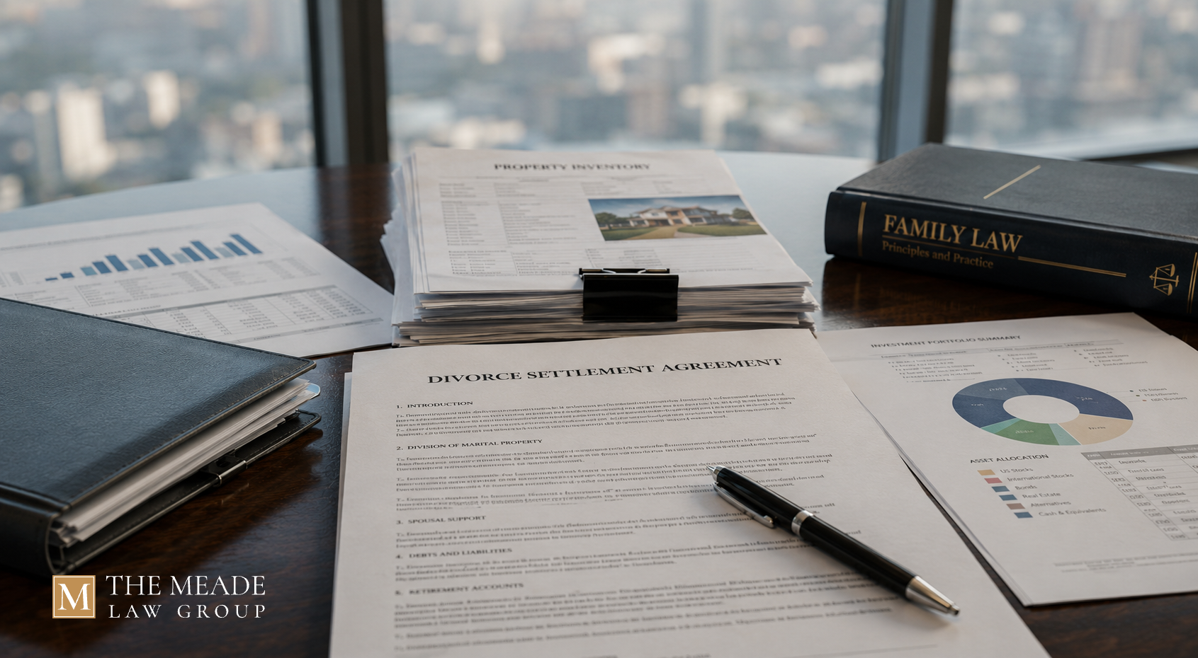 High-asset divorce settlement documents, financial portfolio reports, and family law records arranged on a conference table in a modern executive office overlooking a city skyline.