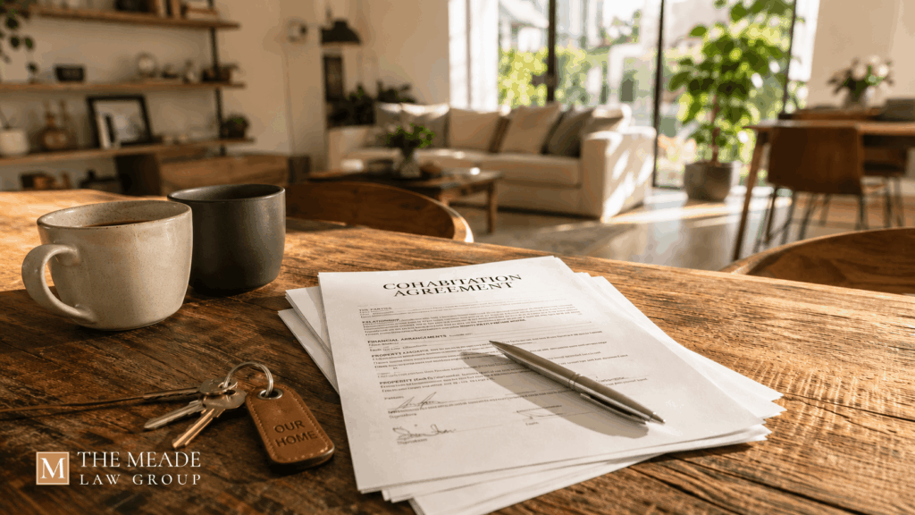 Cohabitation agreement legal documents on a wooden table with house keys and coffee mugs, representing financial protection for unmarried couples.