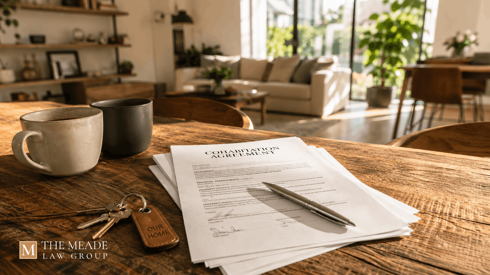 Cohabitation agreement legal documents on a wooden table with house keys and coffee mugs, representing financial protection for unmarried couples.