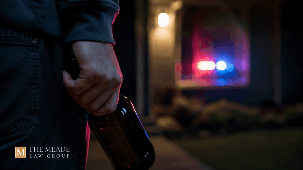 Hand holding bottle behind back with police lights in background, symbolizing an underage drinking charge in Ohio