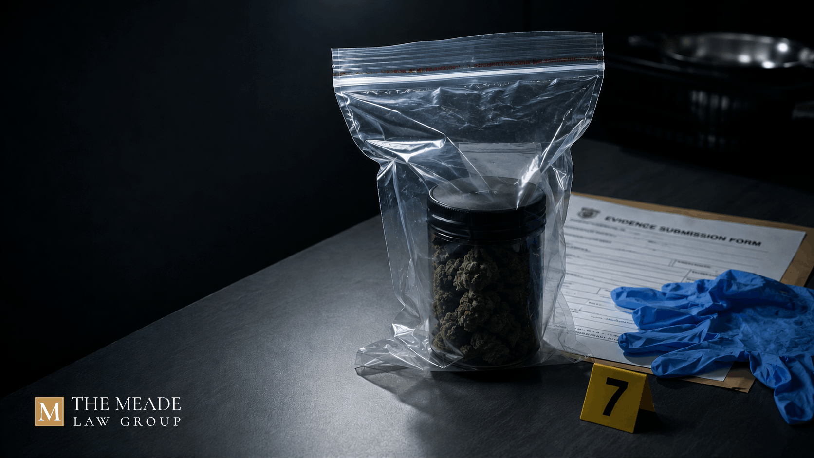 Sealed police evidence bag holding a cannabis jar beside an evidence form and gloves, illustrating Ohio marijuana laws and drug charges