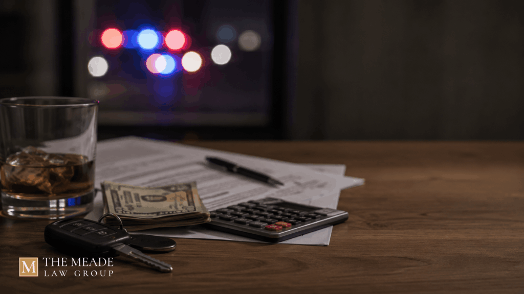 Car keys, calculator, and cash on a desk representing the cost of a DUI in Ohio.