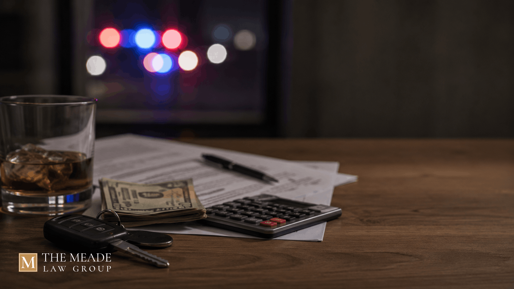 Car keys, calculator, and cash on a desk representing the cost of a DUI in Ohio.