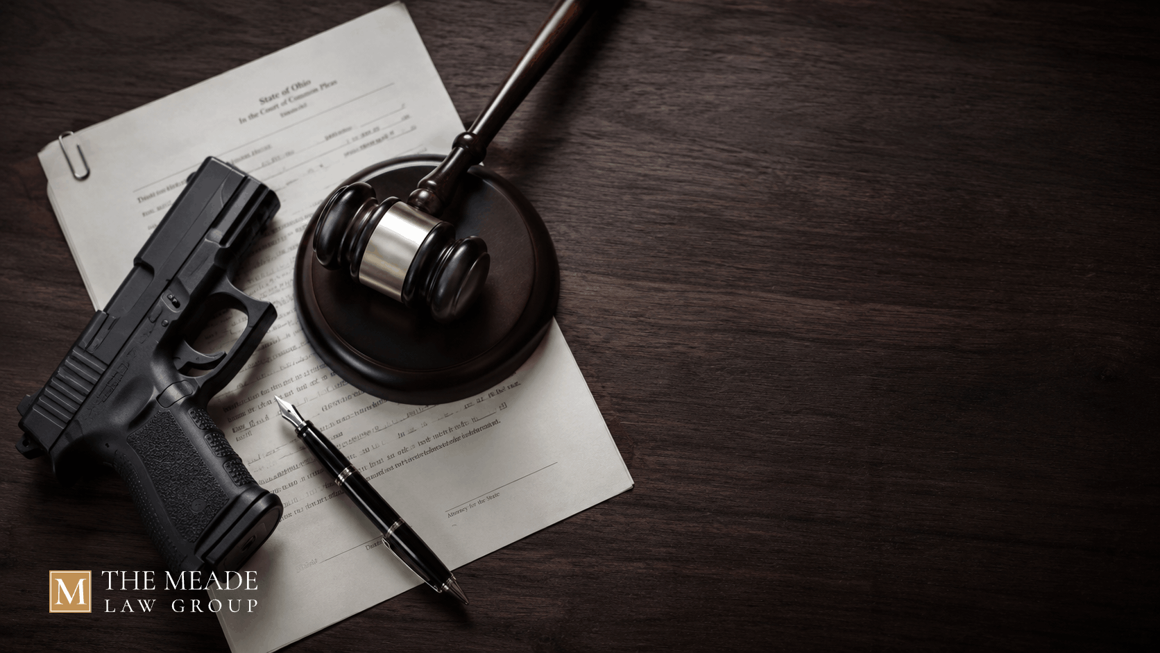 A handgun, judge's gavel, court documents, and fountain pen on a dark wooden surface, representing Ohio weapons under disability charges.