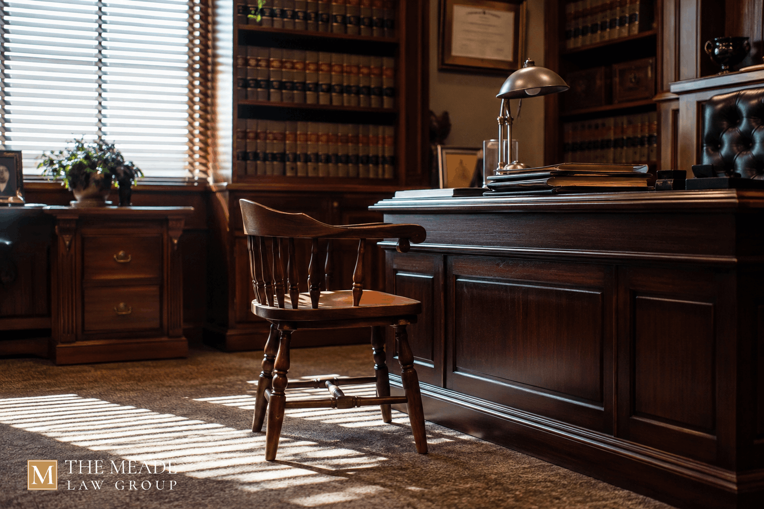 Empty judge's chambers with a small chair facing a desk, symbolizing a child's private custody preference interview in Ohio.