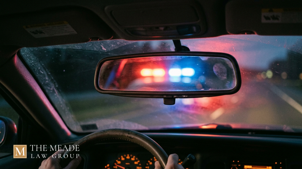 Rearview mirror reflection of police lights during a traffic stop that can lead to a driving under suspension charge in Ohio