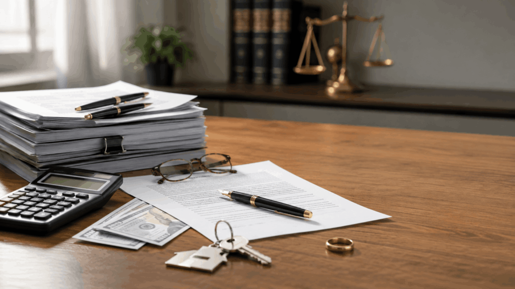 Legal documents, a calculator, and cash on a desk representing the cost of divorce in Ohio.