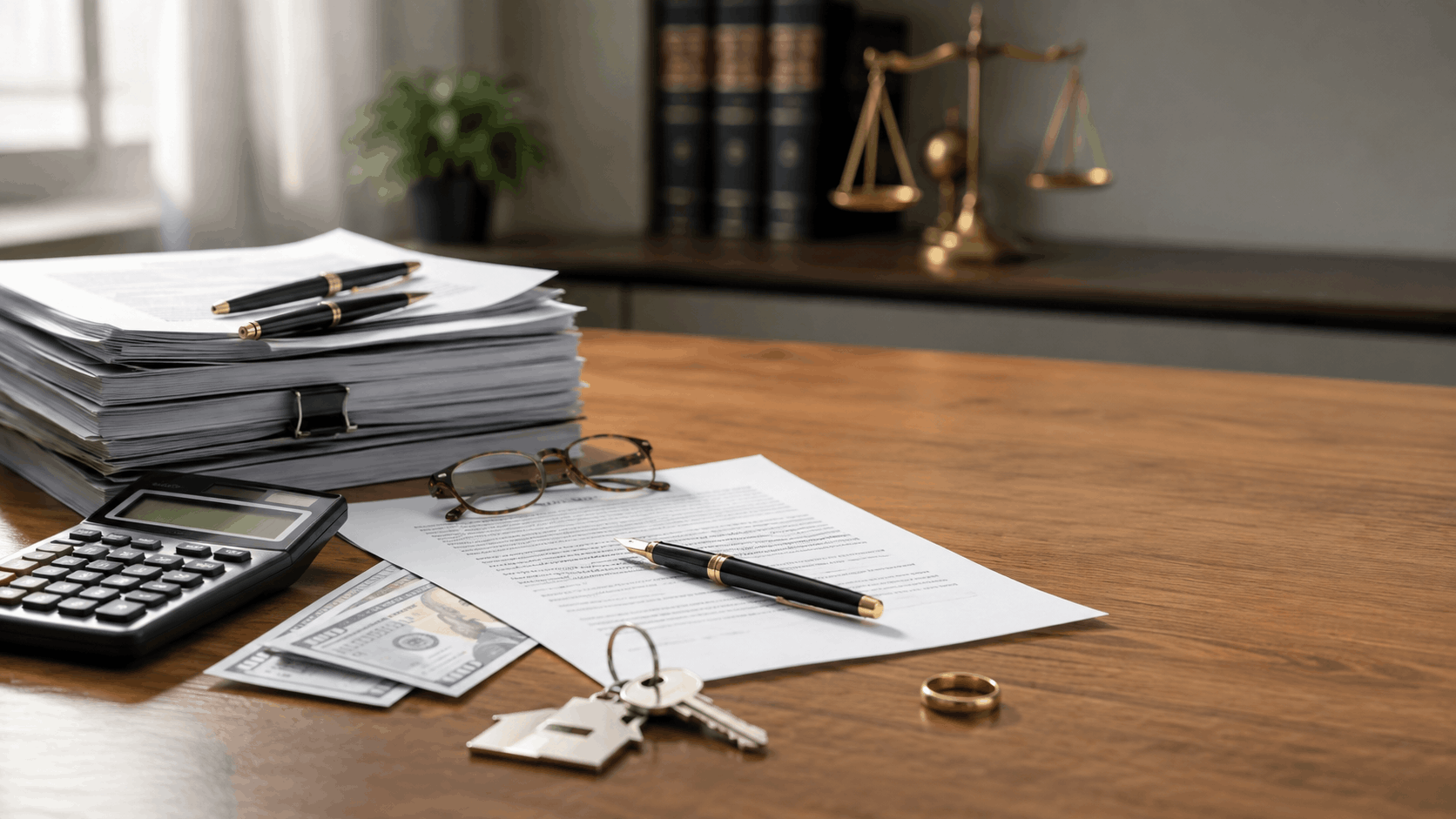 Legal documents, a calculator, and cash on a desk representing the cost of divorce in Ohio.