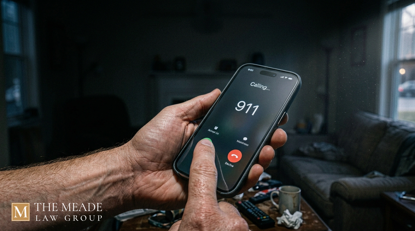 Hand dialing 911 on a smartphone in a dark room, representing Ohio's Good Samaritan overdose law.