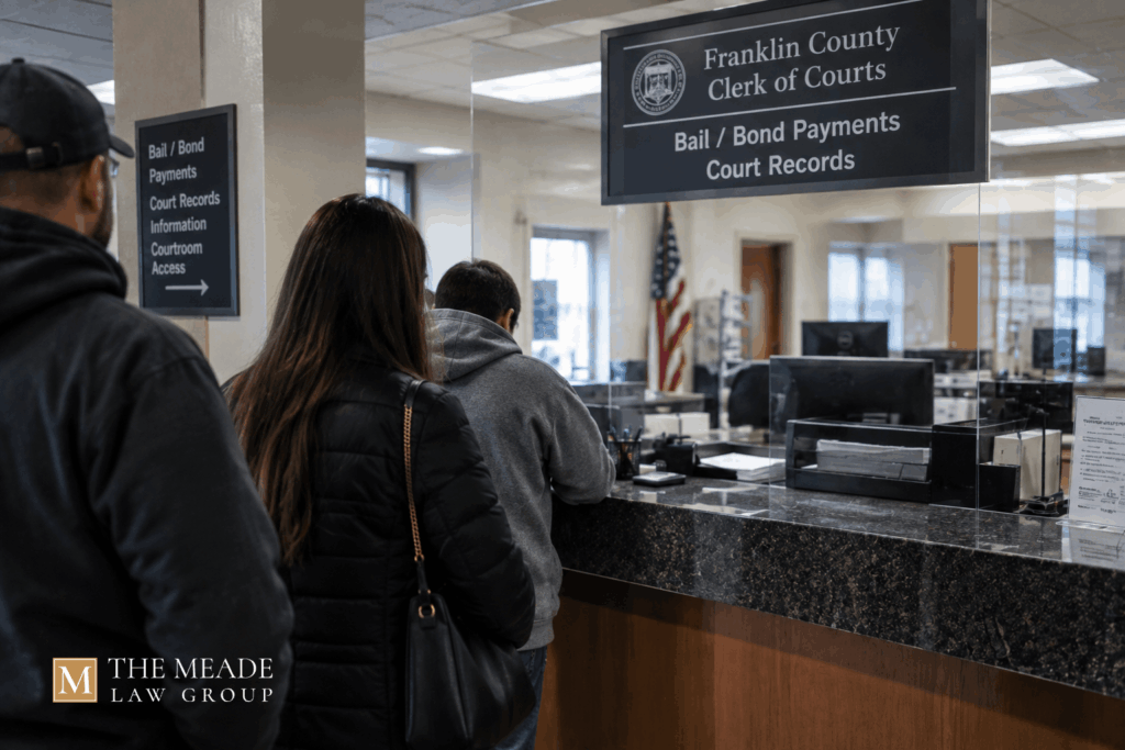 People posting bail at an Ohio courthouse clerk’s office after an arrest.