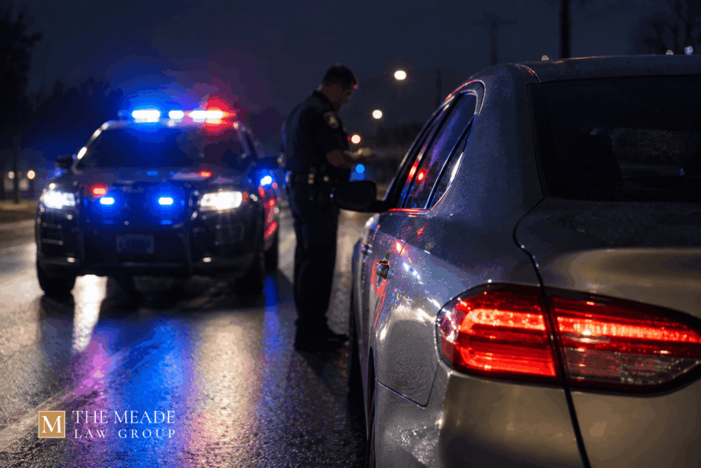 Ohio police cruiser with lights on behind a car at night, illustrating a reckless operation stop.