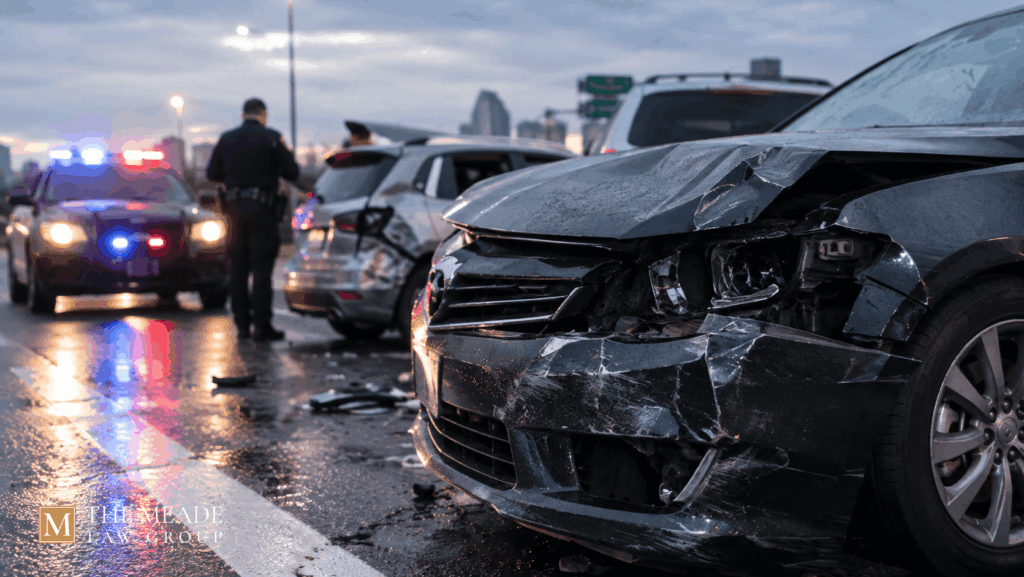 Damaged cars at an Ohio crash scene with police, illustrating a vehicular assault charge.