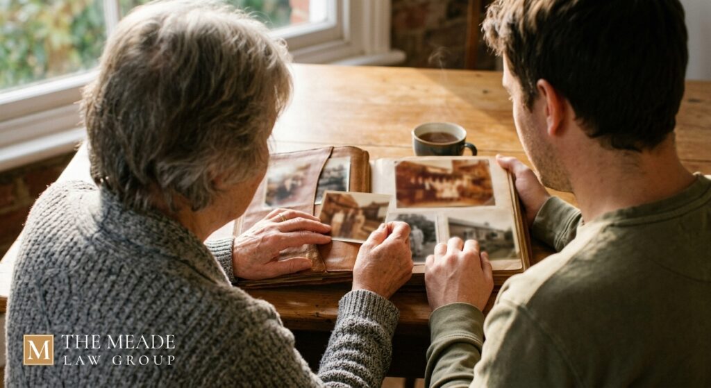 Two family members looking through an old photo album together, representing the bond formalized through adult adoption in Ohio.