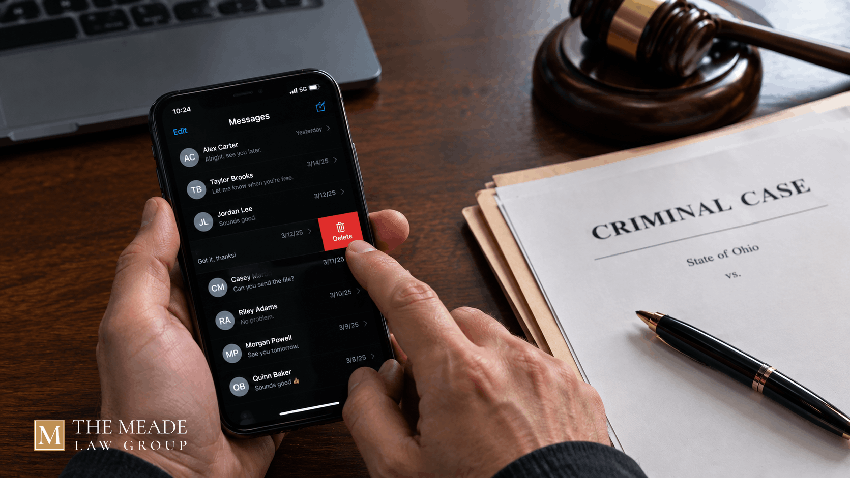 Hand deleting messages on a phone next to legal documents, illustrating a tampering with evidence charge in Ohio.