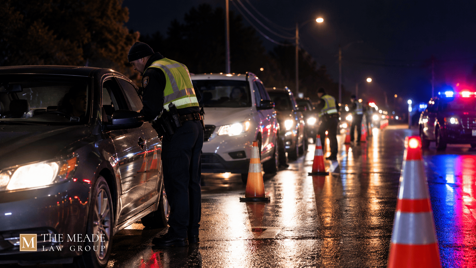 Nighttime police sobriety checkpoint in Ohio with cones and flashing lights stopping cars one at a time.